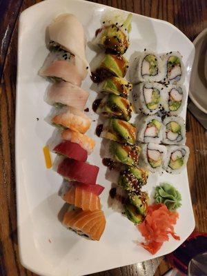 Left to right: Rainbow Roll, dragon roll, California roll.