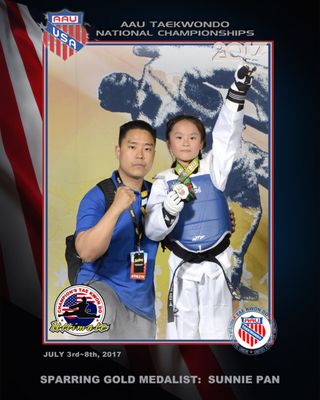 Congratulations to our very own Sunnie Pan placing 1st place in 8-9 Female Black belt sparring!  2017 National Champion GOLD Medalist!