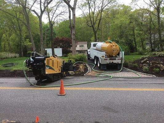 Staging of directional drilling equipment for a replacement water service line.