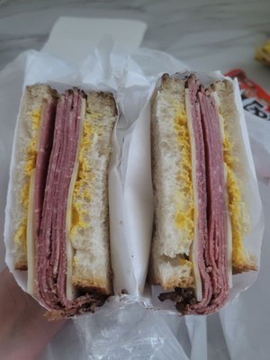 Pastrami w/swiss & mustard on sliced sourdough. Great flavor but bread was pretty stale tbh. The rolls are probably a better option.