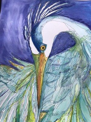 Bright blue Egret watercolor.  Approximately 18 x 24. $475.