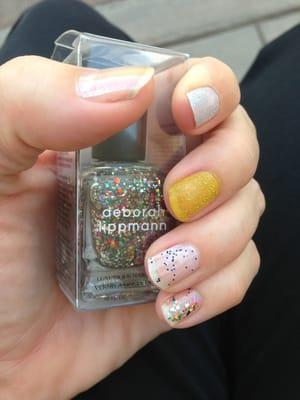 Deborah Lippmann's "Happy Birthday" is my pick.The textured salt line is in stock: dove white, yellow and navy.