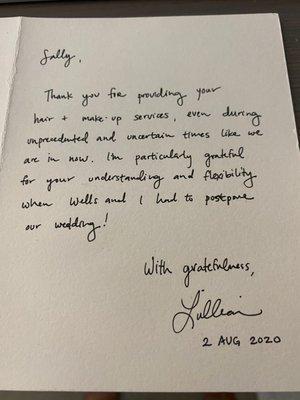 Wonderful thank you note from a recent bride during the pandemic.