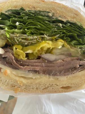 Dutch crunch bread, roast beef, pepper jack cheese,onion, sprouts,cucumber, lettuce. Pepperchinis,jalapeño