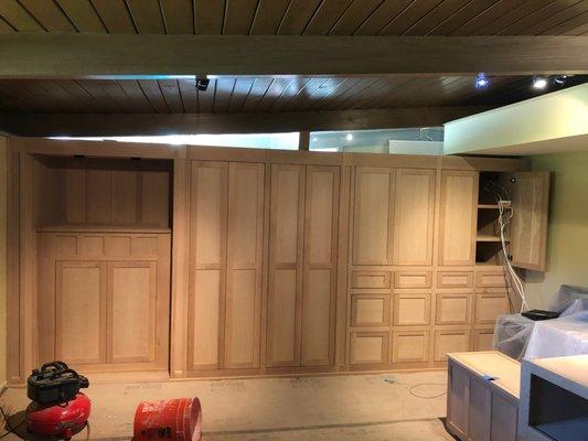 Quarter Sawn White Oak home office cabinets in Bradbury with Shaker style doors & file cabinet drawers.