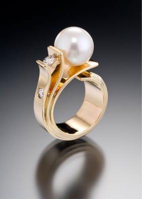 Fiore del Mare ring in 14kt yellow gold, white flawless pearl and over .35cttw F/G VS diamonds.