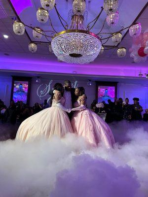 "Pretty in Pink" theme is perfect for a Sweet 16 Celebration! The twins and their father shared a heartwarming dance together!