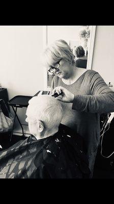 Our Barber Debra! Who needs a hot shave???