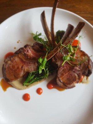 Lamb Chop
Roasted Eggplant Puree- Charred Broccolini- Piquillo Pepper Coulis- Lamb jus