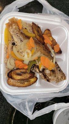 Escovitch snapper with double plantains and rice and peas