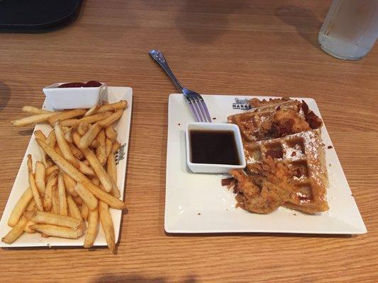 Chicken and Waffles (with maple sriracha sauce) and fries