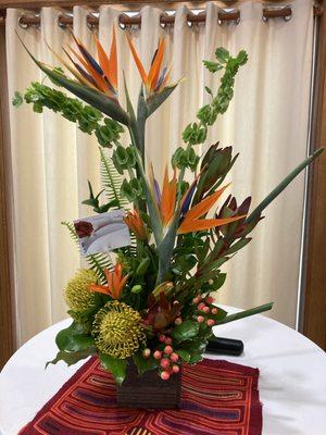 Unique tropical arrangement, 1 of 3 sent by relatives for a Life Celebration (family specifically requested no funeral-like arrangements)