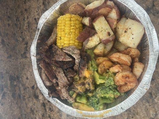 Steak and shrimp bowl -   Perfectly seasoned and good portions!