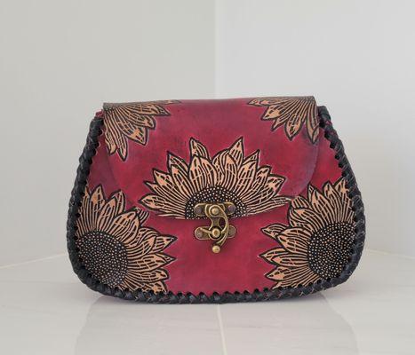 Artisanal Burgandy/Tan Sunflower Leather Purse
 $89.00