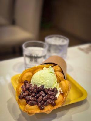 mochi waffle with ice cream and red bean