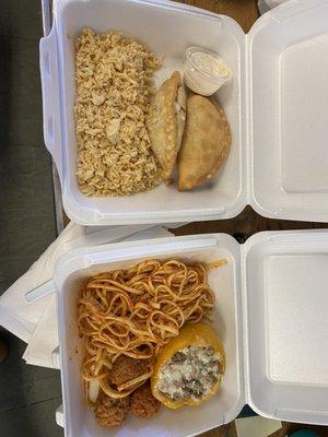 Empanada combo (two empanadas with garlic rice), spaghetti and meatballs, and a stuffed pepper.