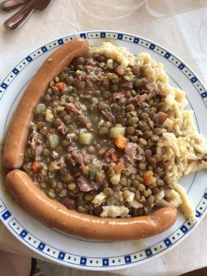 German food. Lintels and home made spatzel and Knick wurst.