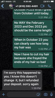 PROOF OWNER WAS AWARE OF ALL THE DAMAGE DONE TO MY HAIR‼ we were on WhatsApp video and this was her reply after we got off the video call‼