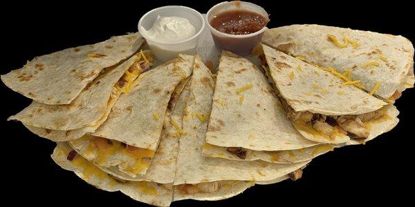 Grilled chicken quesadilla , onion, tomato and shredded cheese with salsa and sour cream.