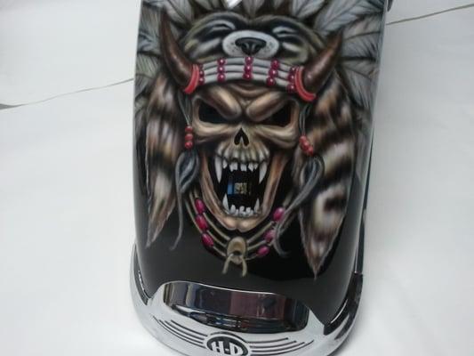 Airbrush skull on motorcycle front fender