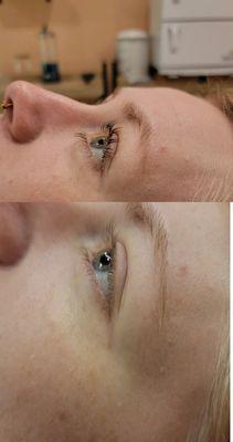 Before on bottom and after on top of a Lash Lift and Tint by Shanon Dyess