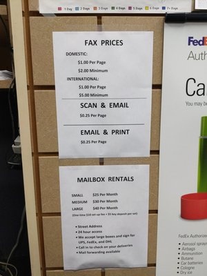 Fax/Scan prices and Mailbox rental prices