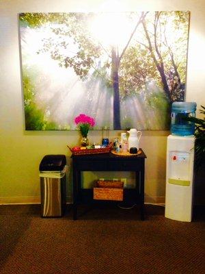 Complimentary tea and water station in the lobby