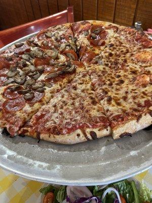 1/2 pepperoni and mushrooms, 1/2 cheese (large)