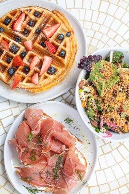 Prosciutto Toast, Classic Waffle, Fall Harvest Salad