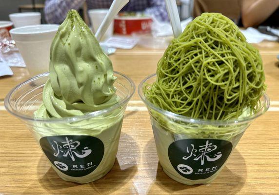 Left: Matcha Softserve  Right: Matcha Mont Blanc w/black sesame softserve