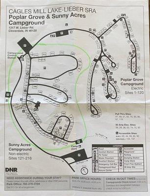 Map of the campground. Sites circled in green are non-electric sites.