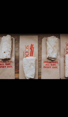 Try our breakfast burritos: egg & potato, bacon, sausage, or southwestern!