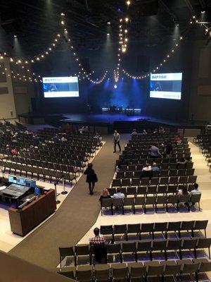 The main auditorium and worship space. There is plenty of elbow room for visitors and regular attendees!