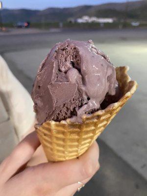 Raspberry chocolate chunk in a waffle cone