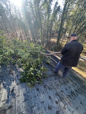 Cleaning tree debris off of roof after heavy winds knocked it over during a storm