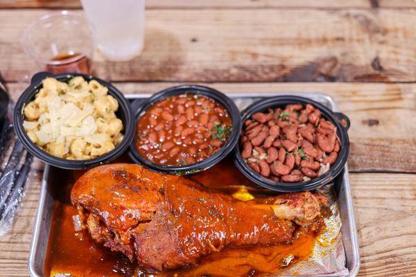 Ciroc Mango Habanero glazed turkey leg w/ crawfish Mac & cheese, red beans & rice and cowboy baked beans