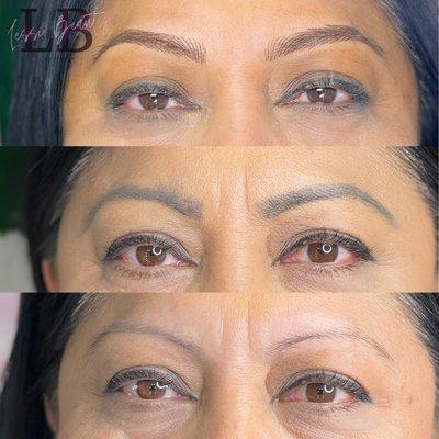 Bottom picture bare brows 
Middle picture the way she filled them in 
Top picture combo brow microblading & a little bit of shading.