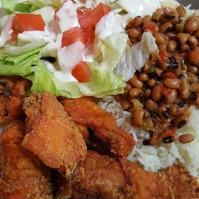 Fried Chicken, Rice and Blackeye Peas + Salad