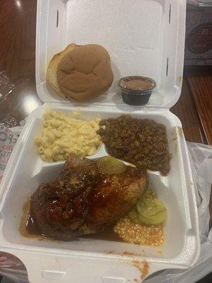 BBQ Chicken Plate with Creamy Mac & Cheese and Baked Beans