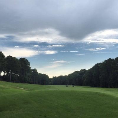 Looking back from the first green