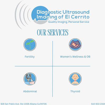 Our Services: Fertility Scans, OB Scans, Adominal, Thyroid, Soft Tissue, and more.