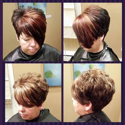 Dark brown with multi-dimensional red pop on top. Natural brown with highlights  on bottom. Hair by Kristen