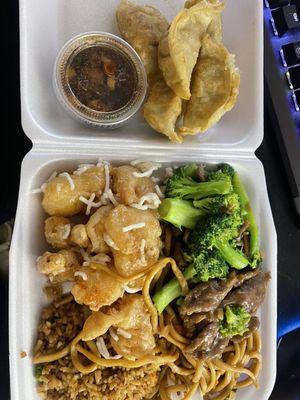 Mayonnaise Shrimp, Beef and Broccoli, half Noodles half Fried Rice. Potstickers