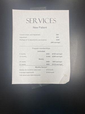 Services and price menu as of 2023