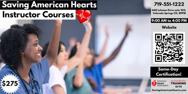 Want to be an instructor?

Learn more on our website. 
https://savingamericanhearts.com/-instructor-courses