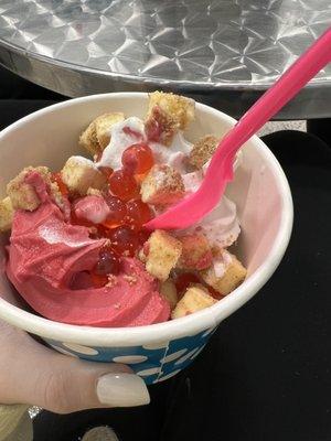 Raspberry Pomegranate & Almond-milk Vanilla topped with strawberry boba and cheesecake bites