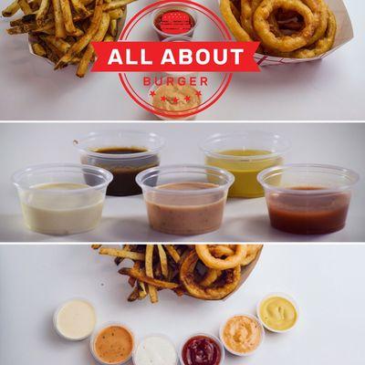 Various sauces and toppings at All About Burger.
Built your Burger just the way you want it!!