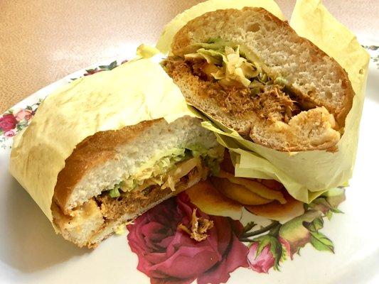 Cochinita Pibil Torta: Shredded Marinated Pork, Lettuce, Tomato, Avocado, Mayonnaise on a Bolillo Roll