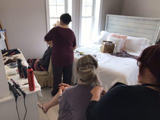 Hair in one of the bedrooms at the bridal suite. Hair provided by separate salon, selected by bride.