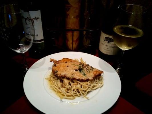 Tender Chicken breast sauteed with white wine, lemon, and capers; served with linguine.